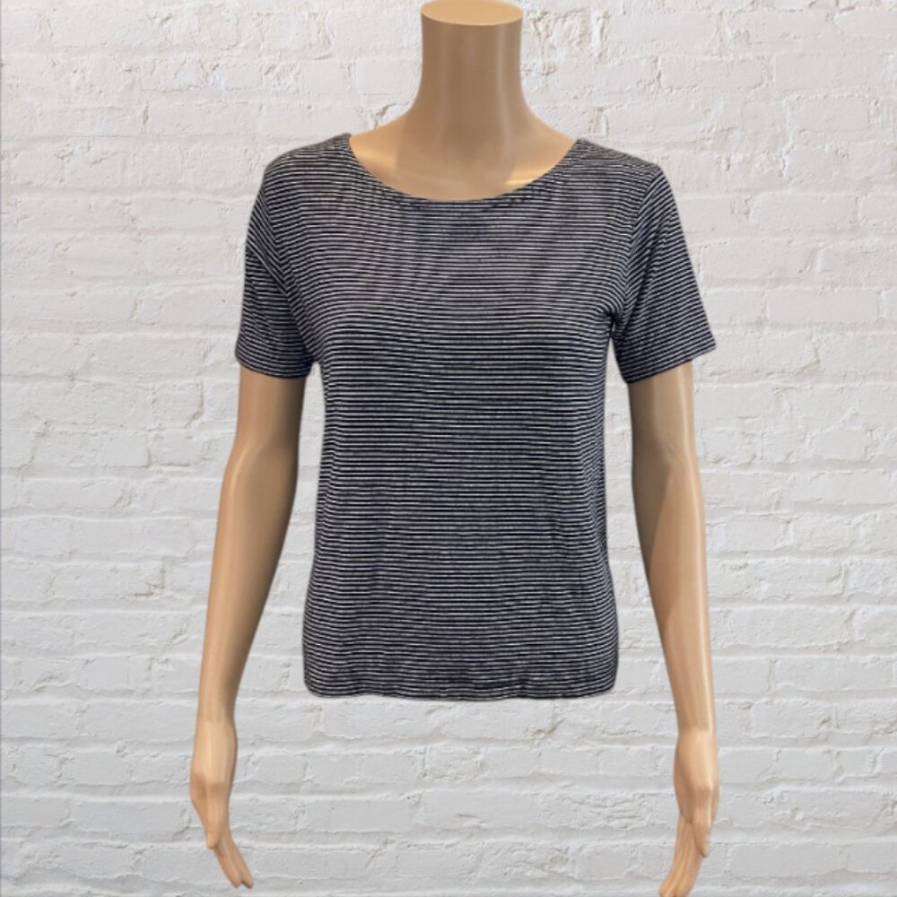 JONES & CO. -- T-Shirt Style Top, Short Sleeves, Black and White Narrow Stripes
